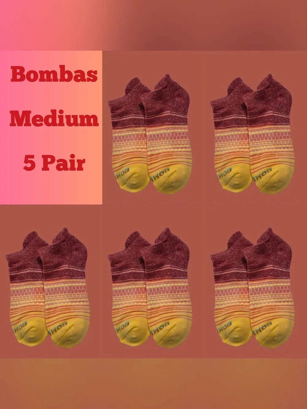 Bombas Medium Ankle Socks Red & Yellow 5 Pair BNWT Unisex Honeycomb Arch Support